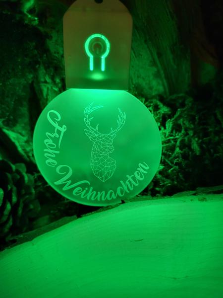 ChristbaumSchmuck rund "Hirsch modern" mit "Frohe Weihnachten" und LED